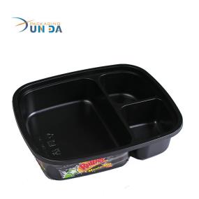 Rectangular Black Color Printing Plastic Restaurant Food Container With 3 Compartments